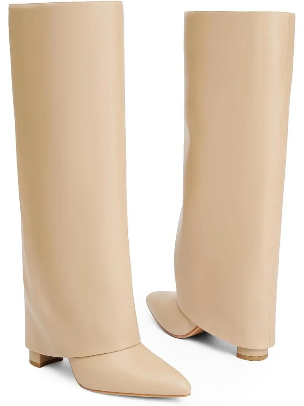 Women's Nude Pu Pointed Toe Chunky Heel Faux Leather Over The Knee Boots